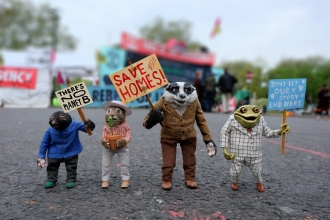 Wind in the Willows characters Mole, Ratty, Badger and Mr Toad protest for a Wilder Future