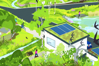 Illustration of a neighbourhood with wildlife friendly rooftops and gardens