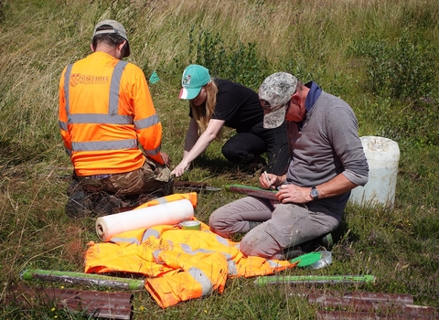 Colleagues from Somerset Wildlife Trust and ARCA labelling samples collected at Westhay Moor.